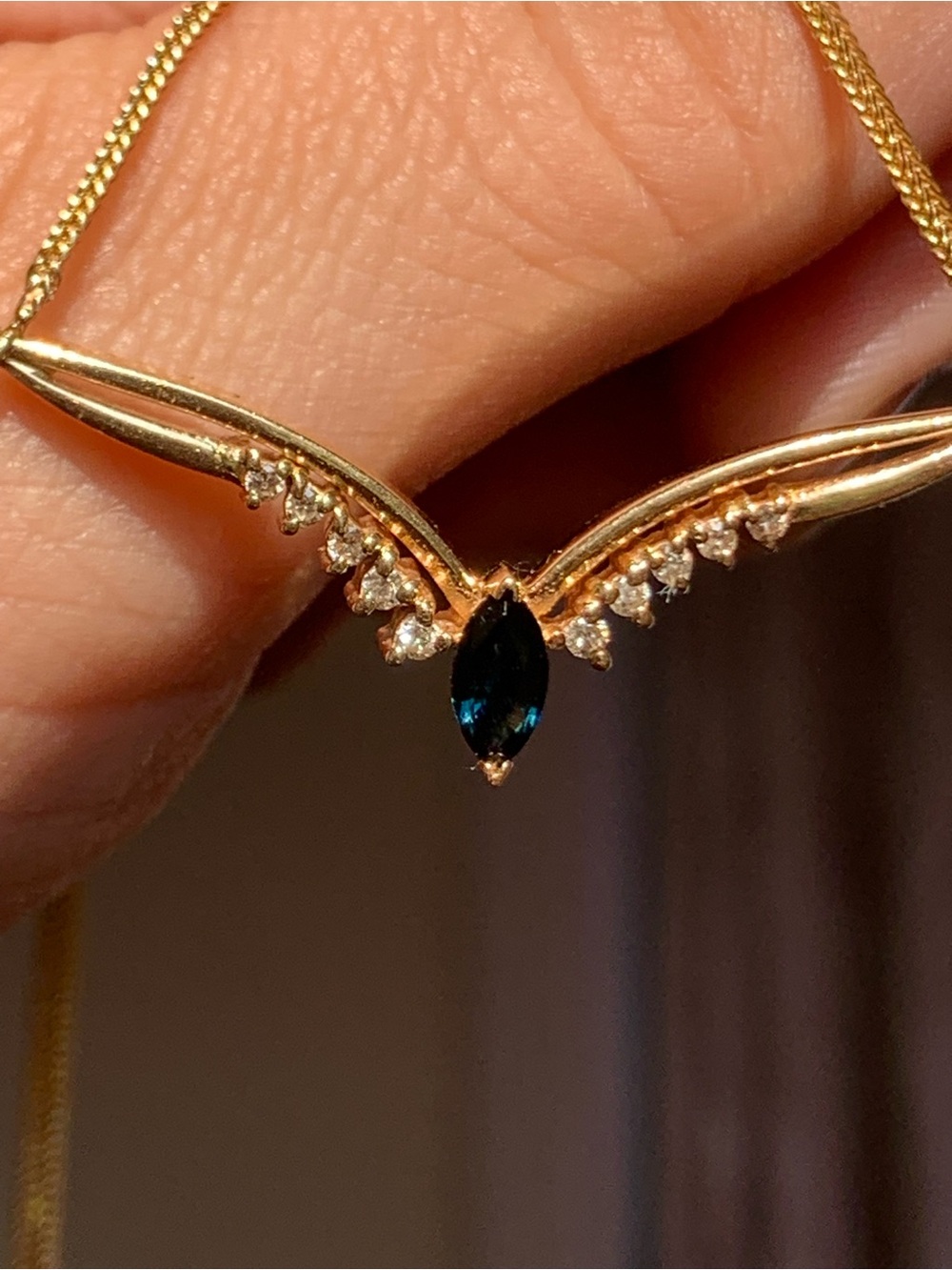 14k Gold Wing Necklace with Blue Sapphire Marquise Stone and Clear Diam Accents - Picture 3 of 11